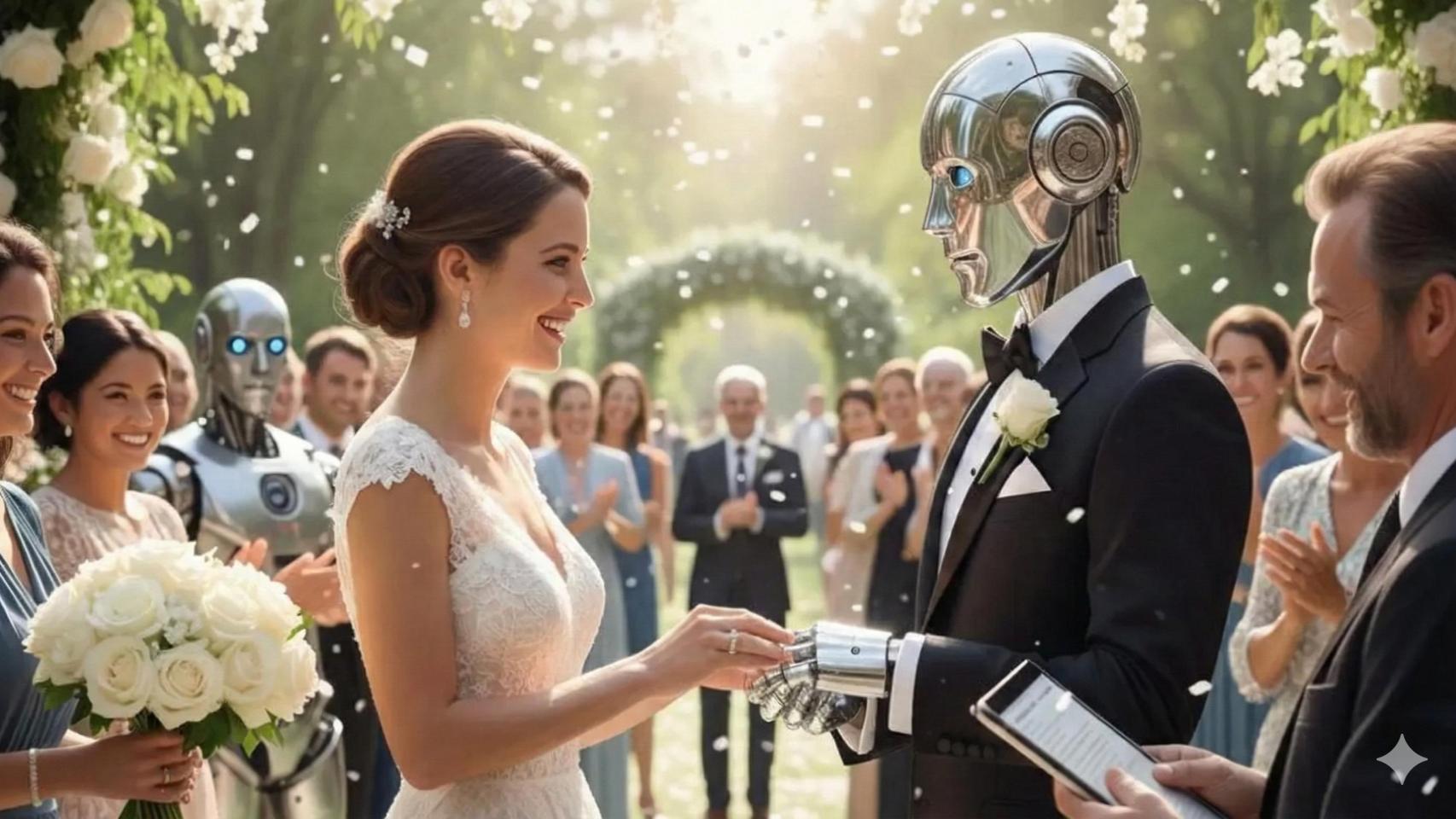 Imagen creada con inteligencia artificial de una mujer casándose con un robot.