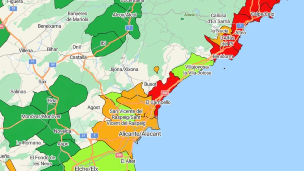 Así luce el semáforo hipotecario de Tecnocasa en la provincia alicantina.