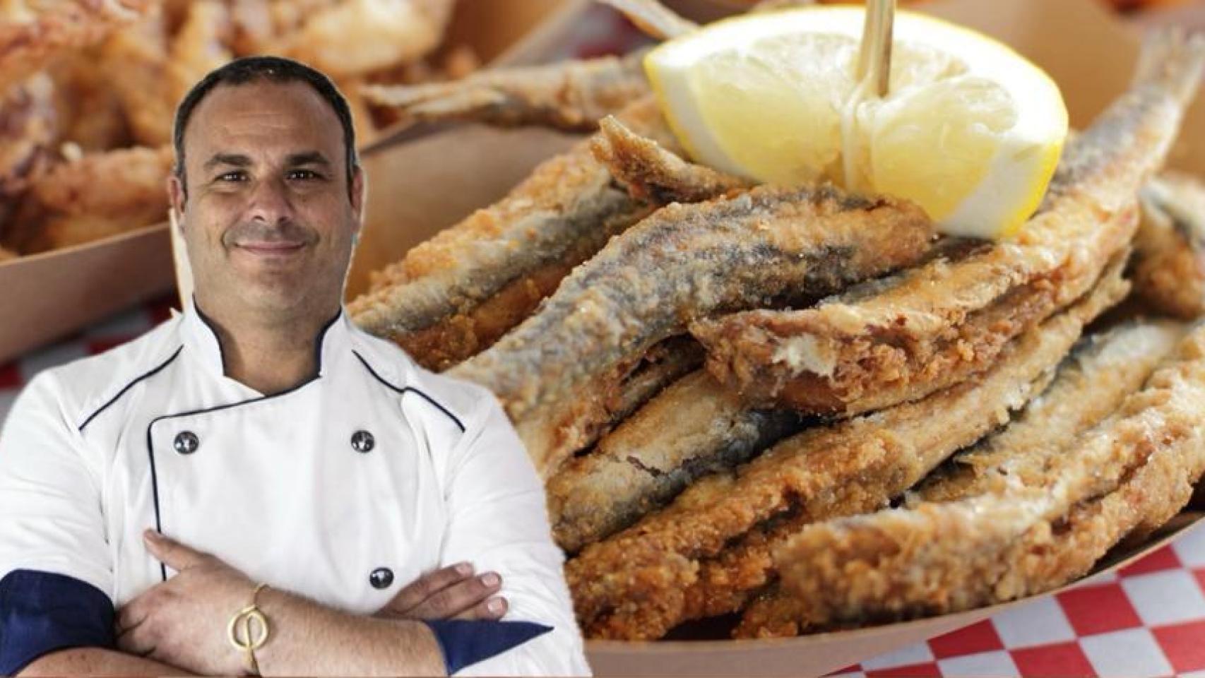 Ángel León junto a un plato de pescado frito.