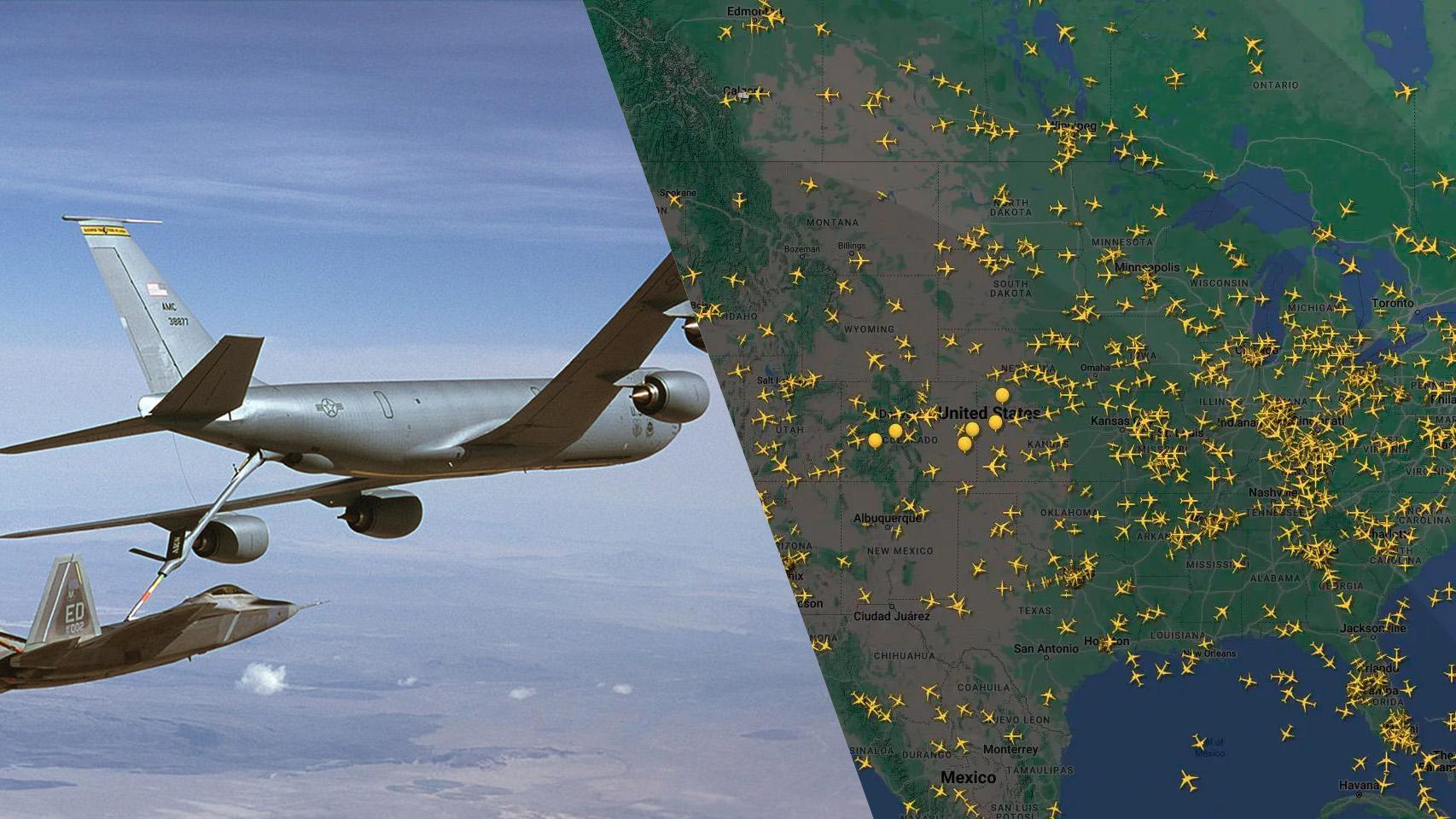 A la derecha, un mapa de Flightradar24. A la izquierda, un F-135R Stratotanker abasteciendo a un F-22 Raptor..