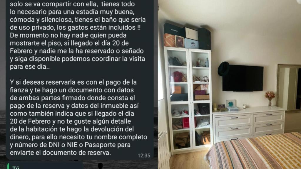 Captura de pantalla de una conversación con la supuesta propietaria, junto con una foto del supuesto inmueble.