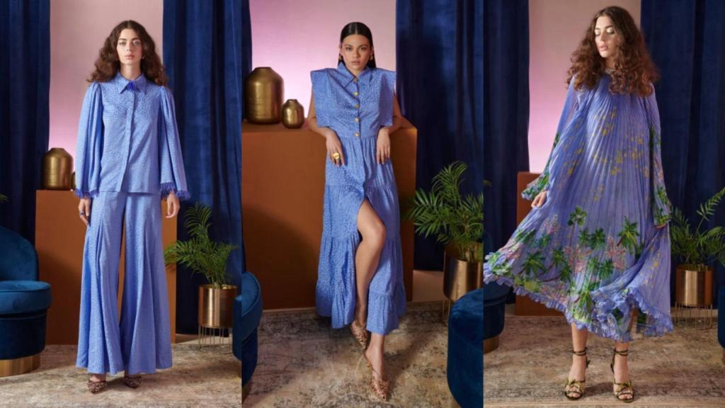El universo colorido de CeliaB en tres prendas: Earth Dress Blue, Lynx Pant & Lynx Top, Lucero Dress.