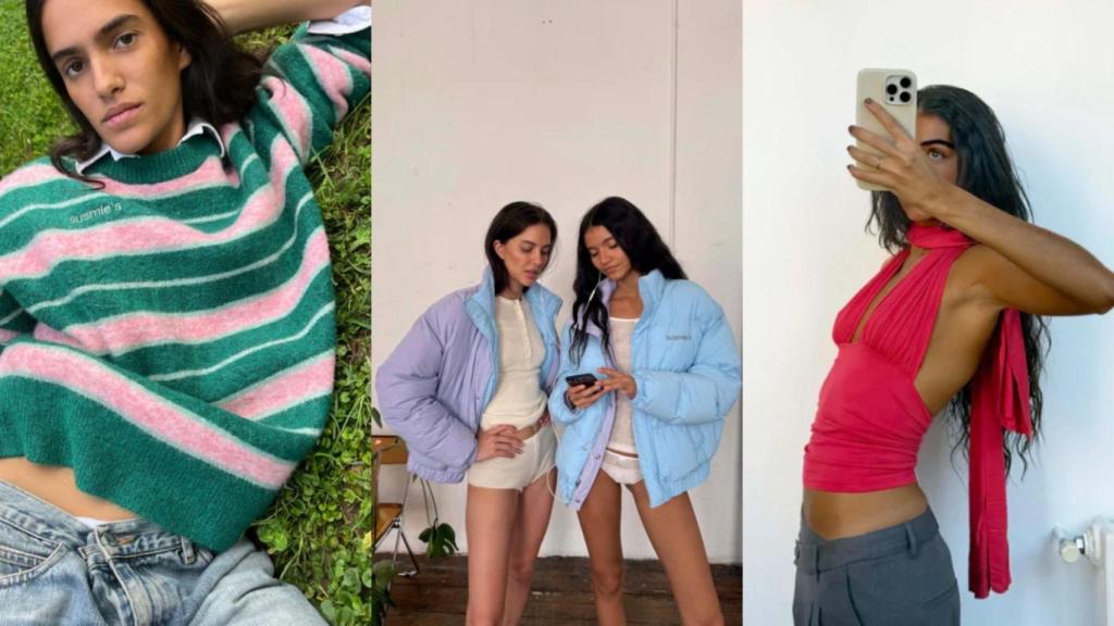 Tres piezas clave de Susmie's: Abby Sweater, Ally Reversible Puffer e Isabela Red Top.