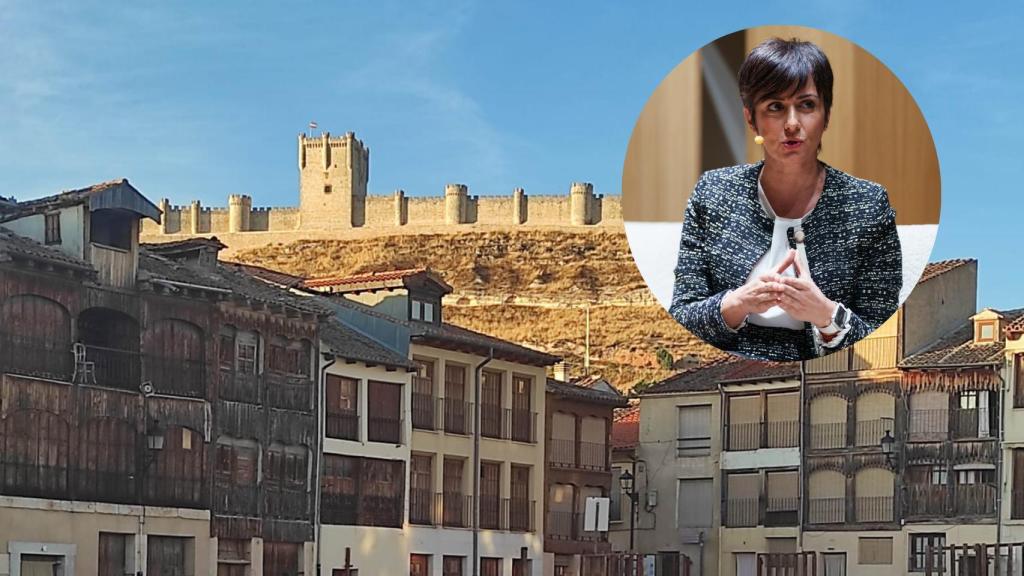 Montaje de Isabel Rodríguez, ministra de Vivienda, con la localidad de Peñafiel (E.E.)