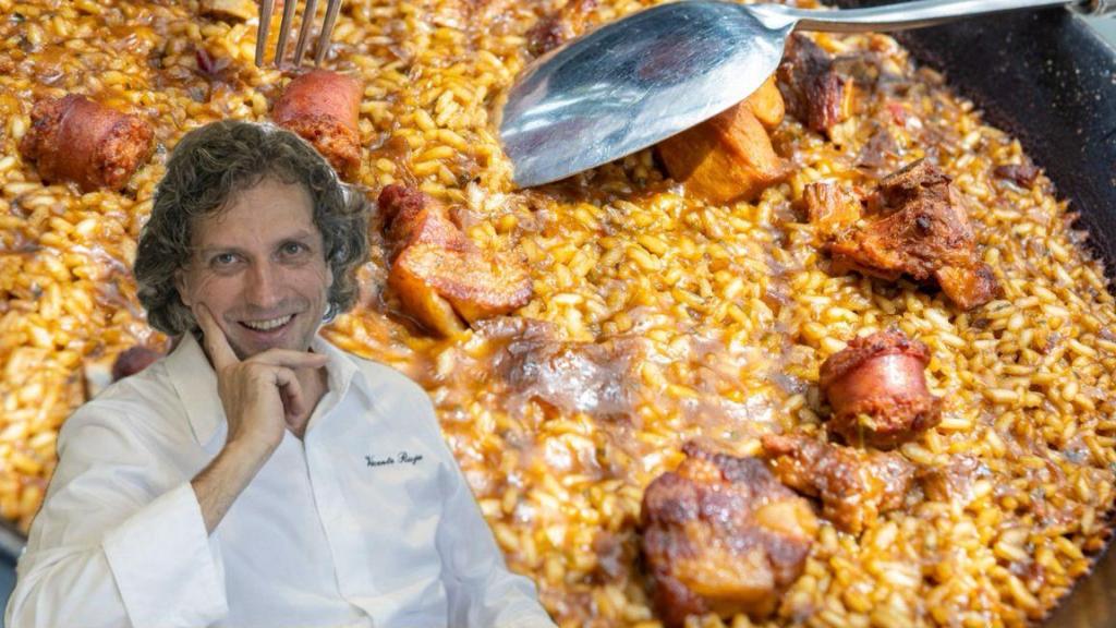 Vicente Rioja junto a una paella valenciana.