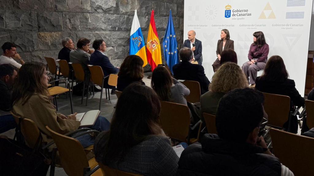 La consejera Migdalia Machín, en el centro del escenario, presenta la propuesta canaria.