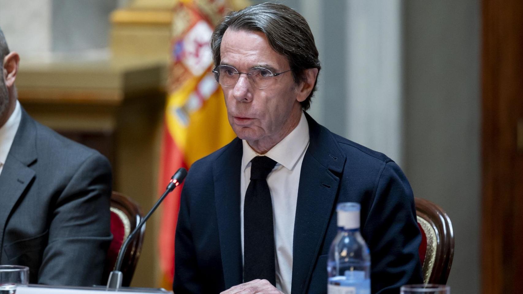 El expresidente del Gobierno, José María Aznar, durante la presentación del libro ‘Alexis de Tocqueville. Un liberal único’, en el Senado.