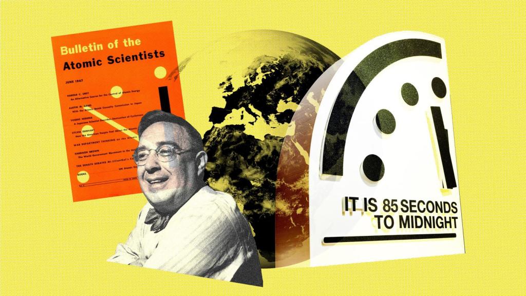 Primera portada del 'Bulletin' (1949), Eugene Rabinowitch y el reloj del apocalipsis. Diseño: Rubén Vique