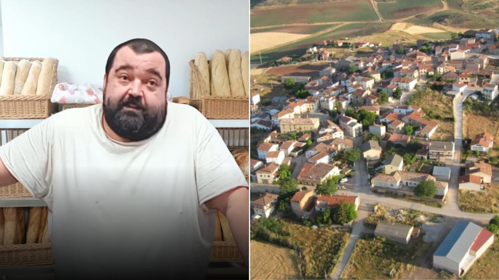 Collage de una foto de Alberto en su panadería  y una vista aérea de Saélices (Cuenca).