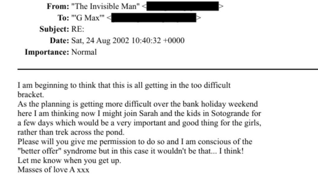 Extracto del correo enviado a Ghislaine Maxwell por el expríncipe Andrés, dentro de los archivos Epstein.