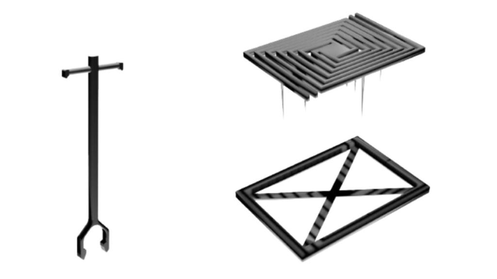 Diseño en 3D del accionador manual (izqda), de la alcantarilla WAG y del soporte.