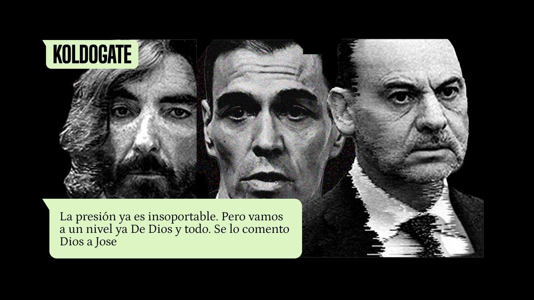 Jose Luis Ábalos, Pedro Sánchez, y Javier Hidalgo, junto a uno de los mensajes del WhatsApp de Koldo García