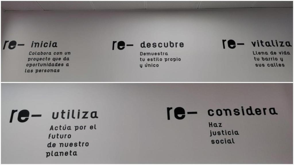 Lemas que fomentan el reciclaje de ropa en una tienda de Arroupa.