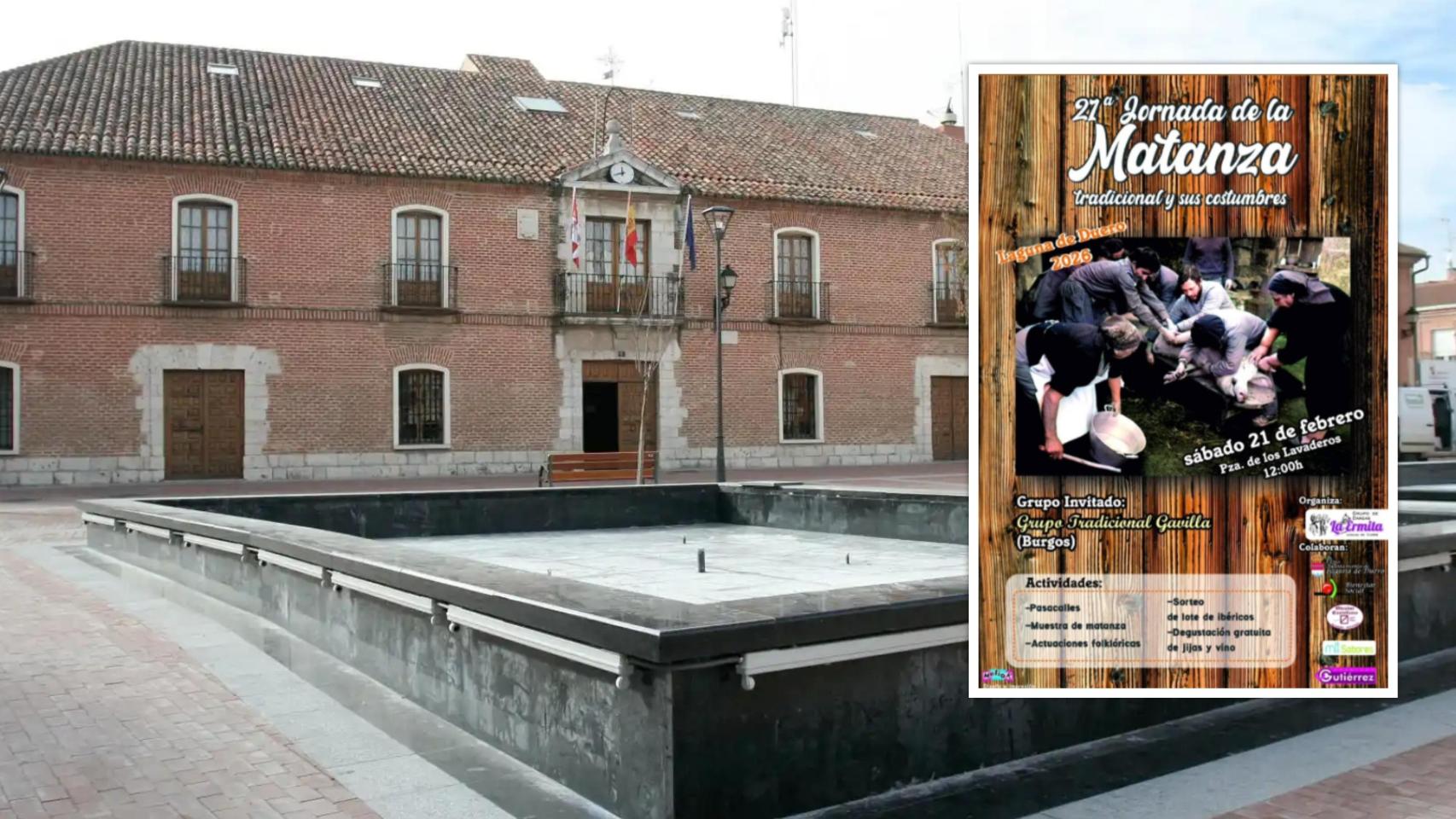 Imagen del Ayuntamiento de Laguna de Duero y del cartel de la 27ª Jornada de la Matanza