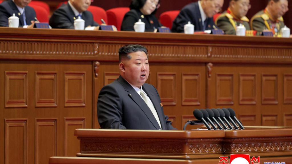 North Korean leader Kim Jong-un speaks during the 9th Congress of the Workers' Party of Korea (WPK) in Pyongyang.