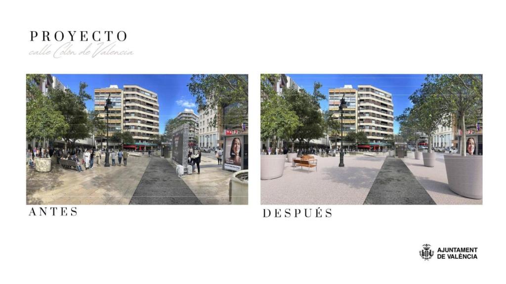 Imagen del antes y después de la calle Colón. EE