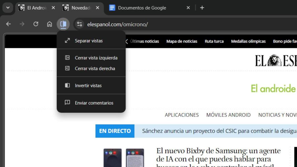 Opciones para las pestañas en vista dividida de Chrome