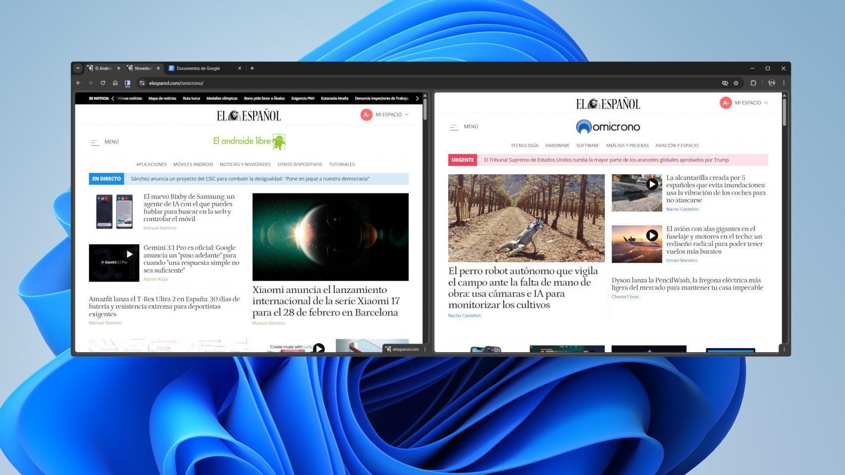 Google Chrome con dos pestañas abiertas al mismo tiempo con la nueva vista dividida