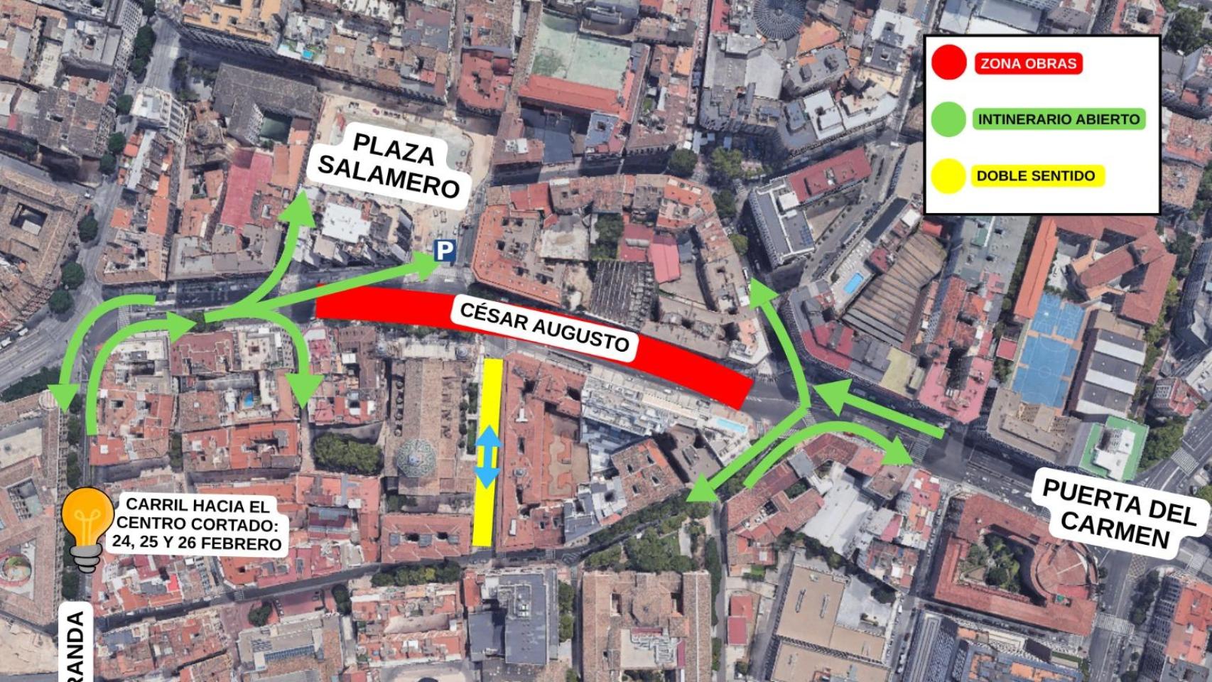 Plano de los cortes de tráfico en la avenida César Augusto.