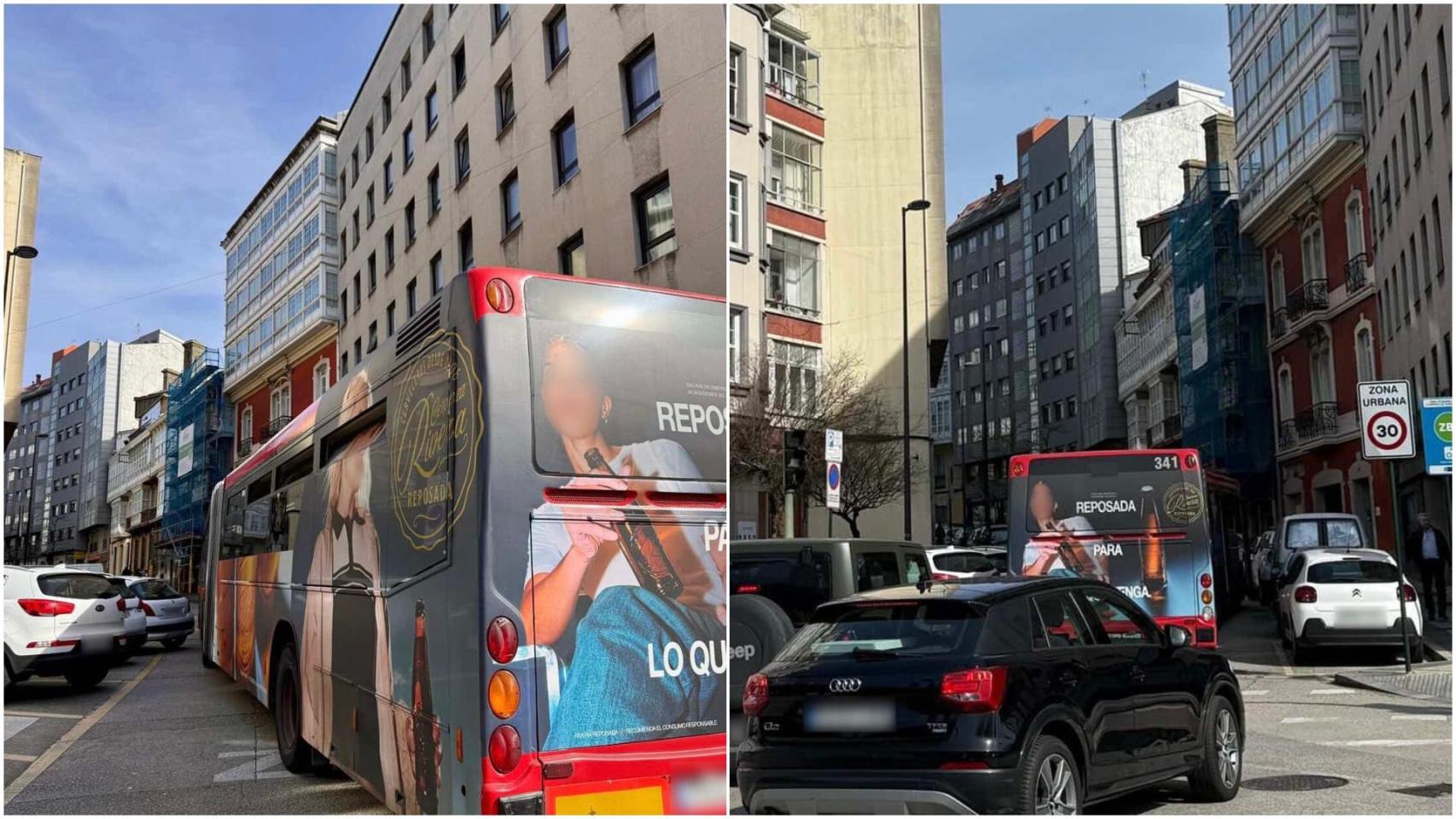 Un autobús articulado se queda atascado en medio de la calle Castiñeiras
