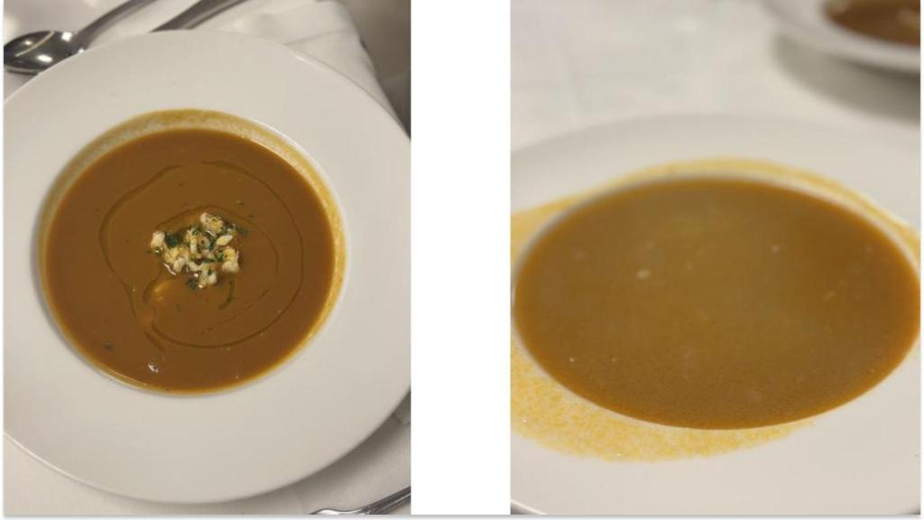 La sopa cremosa de pescado y nécoras y la sopa de cocido de La Peseta.