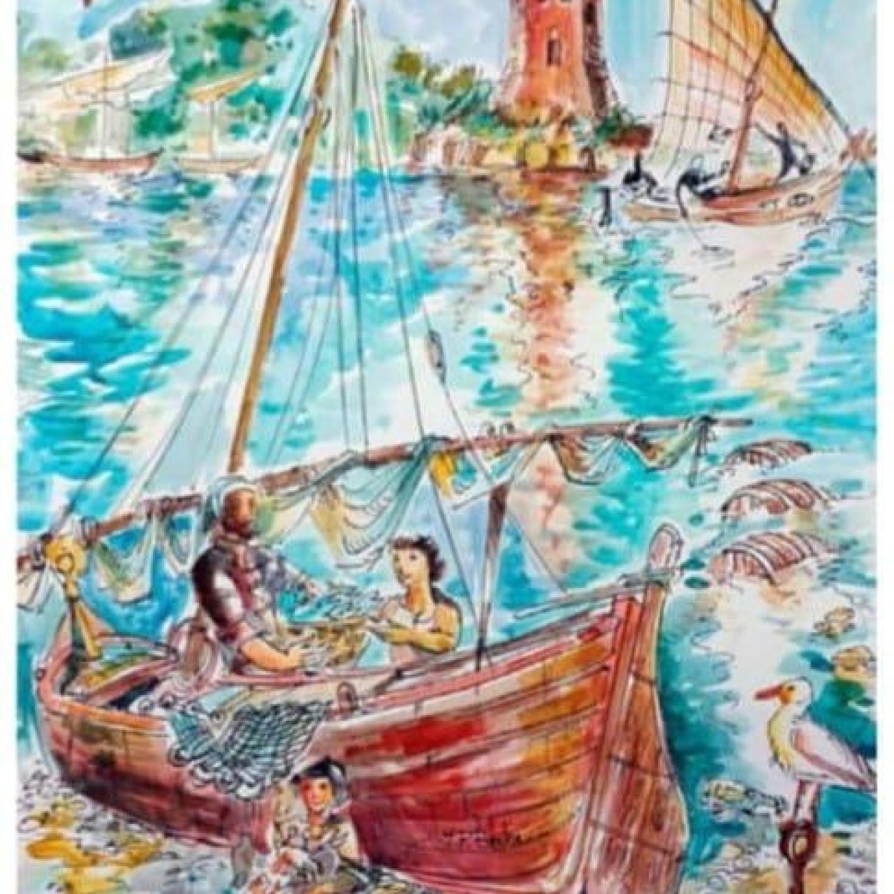 Ilustración de bocetos del libro Cervantes y Cartagena: el autor joven en el puerto cartagenero, rumbo al mar de Lepanto.