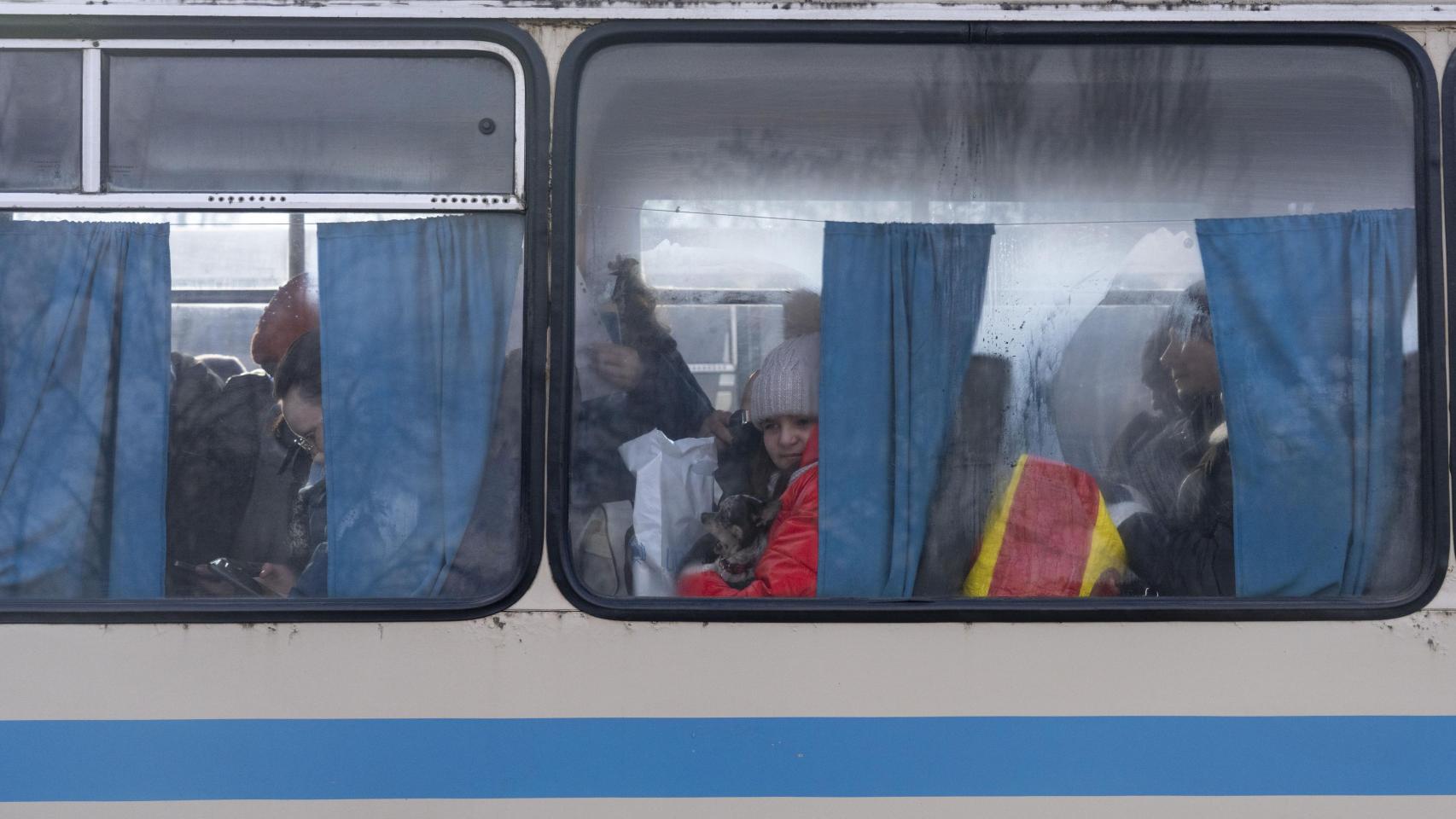 25 de diciembre de 2025, Kramatorsk, Región de Donetsk, Ucrania. Kira, de 11 años, se sienta en un autobús de evacuación sosteniendo a su pequeño perro gris, Kim, mientras sale de Kramatorsk, Región de Donetsk, Ucrania.