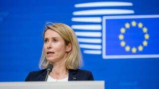 The head of European diplomacy, Kaja Kallas, during the press conference this Monday in Brussels