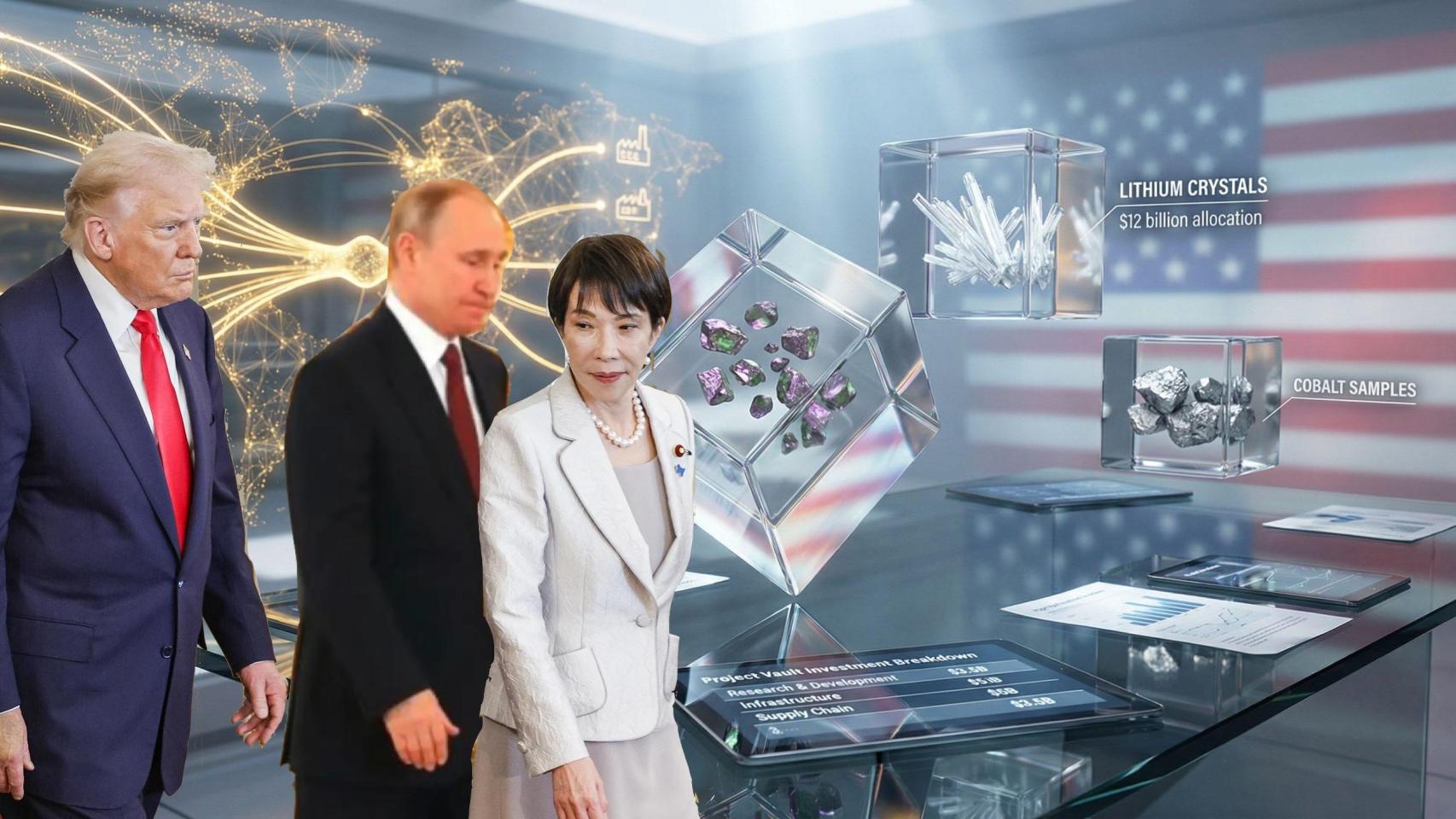 Fotomontaje de Donald Trump, presidente de EEUU, Vladimir Putin, presidente de Rusia, y Sanae Takaichi, primera ministra de Japón, con un fondo informativo de materias primas críticas.