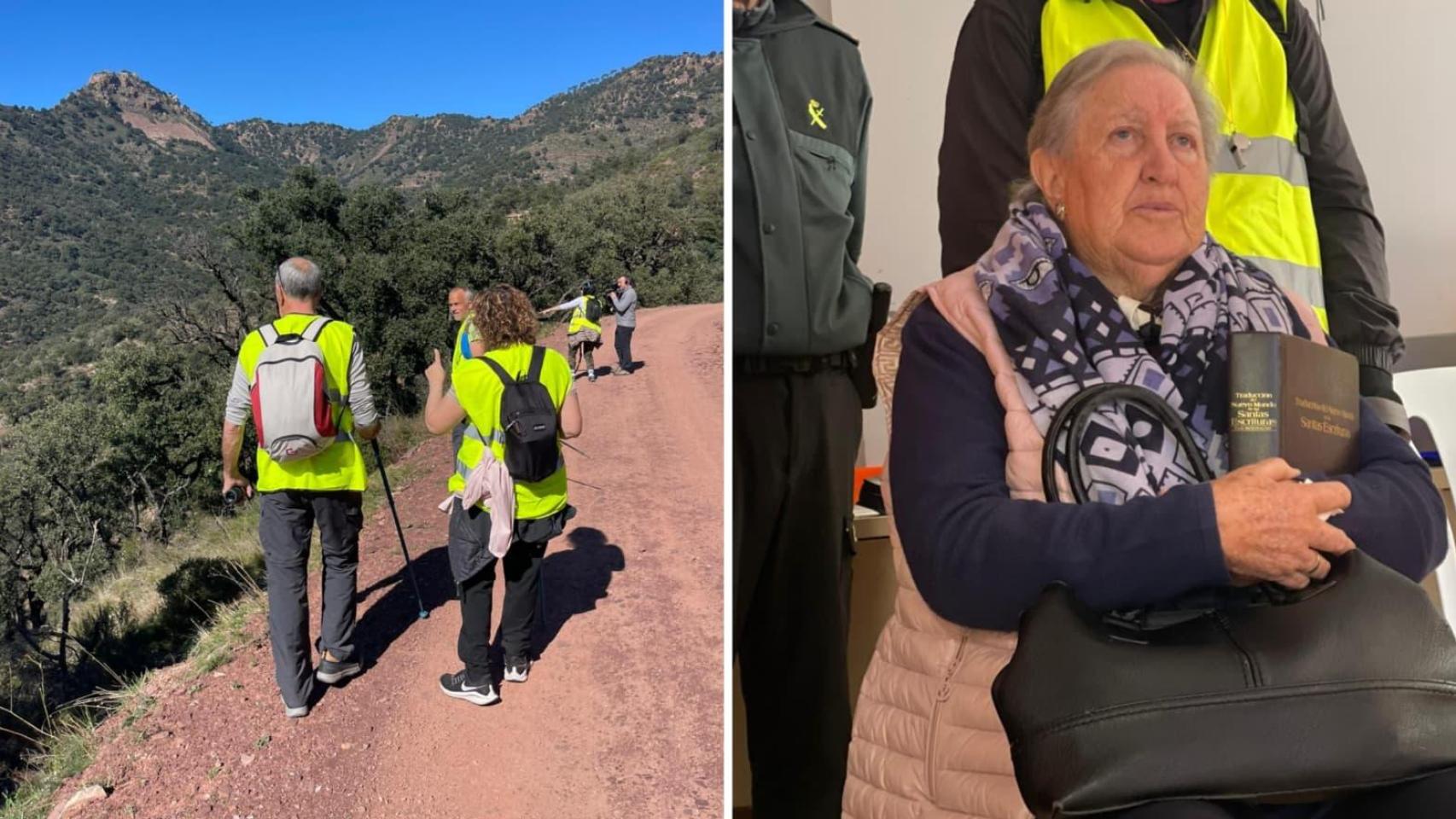 Imágenes de voluntarios buscando a Manuel y de Antonia con una biblia en los brazos durante el desarrollo de la batida de búsqueda del pasado sábado.
