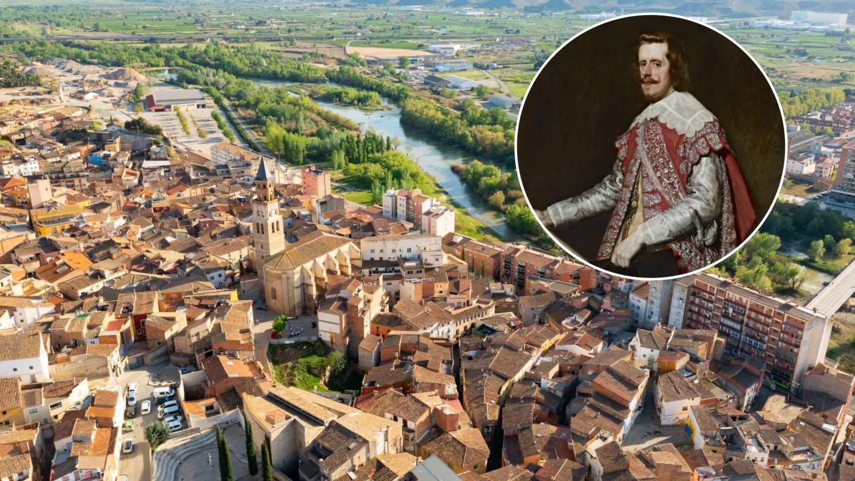 Montaje de Fraga y el cuadro que pintó Velázquez en la localidad.