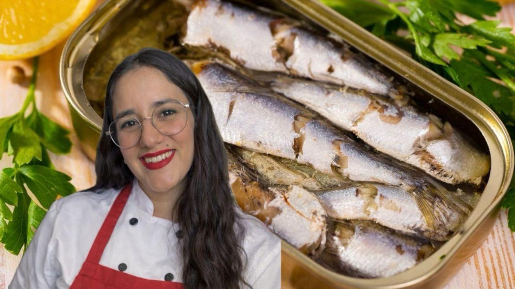 La cocinera Veronica junto a una lata de sardinas.
