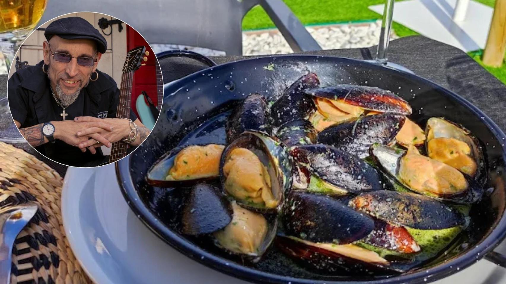 Montaje de Fito, el cantante de rock, y un plato de mejillones gallegos del restaurante.
