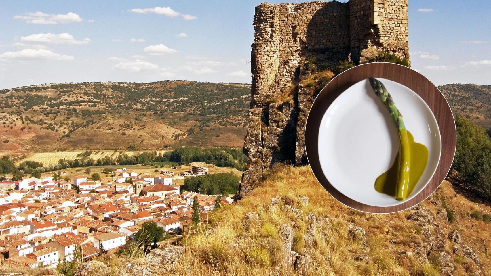 Montaje de Huerta del Marquesado (Cuenca) con un espárrago verde de Alcalá del Valle bañado de una emulsión de ortiguillas.