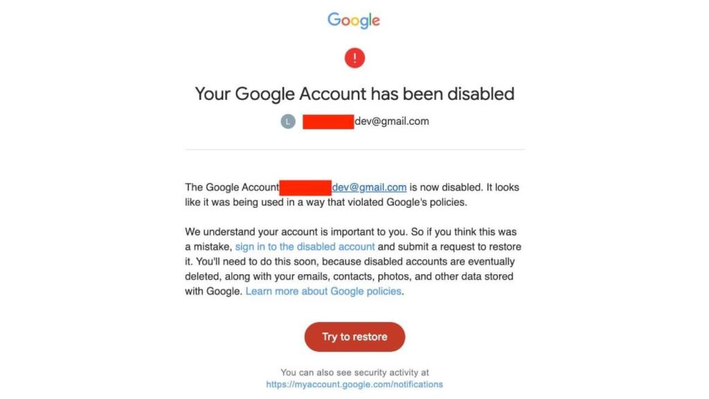Notificación de cierre de cuenta de Gmail
