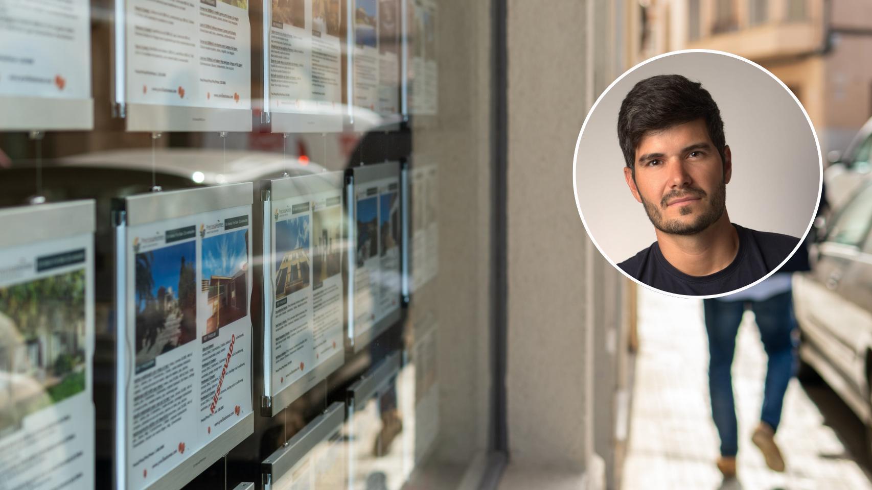 El escaparate de una inmobiliaria y una imagen de Alberto Añaños.