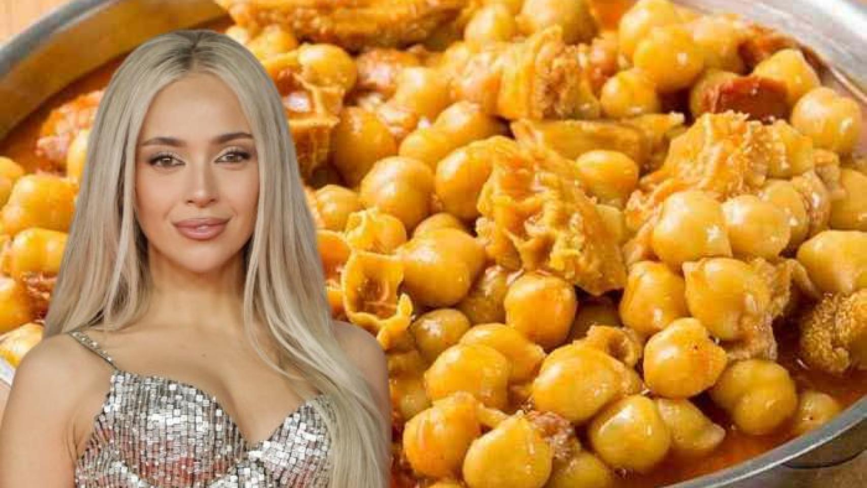 Ana Mena, junto a un plato de callos con garbanzos en un montaje de EL ESPAÑOL.