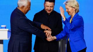 António Costa, Volodímir Zelensky and Ursula von der Leyen during their joint press conference in kyiv