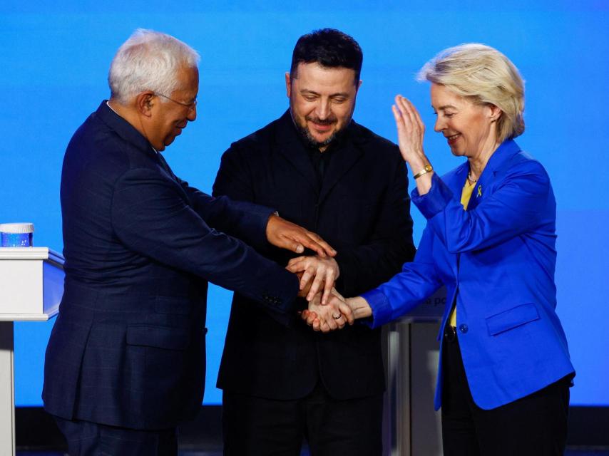 António Costa, Volodímir Zelenski y Ursula von der Leyen durante su rueda de prensa conjunta en Kiev