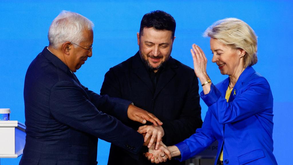 António Costa, Volodímir Zelenski y Ursula von der Leyen durante su rueda de prensa conjunta en Kiev