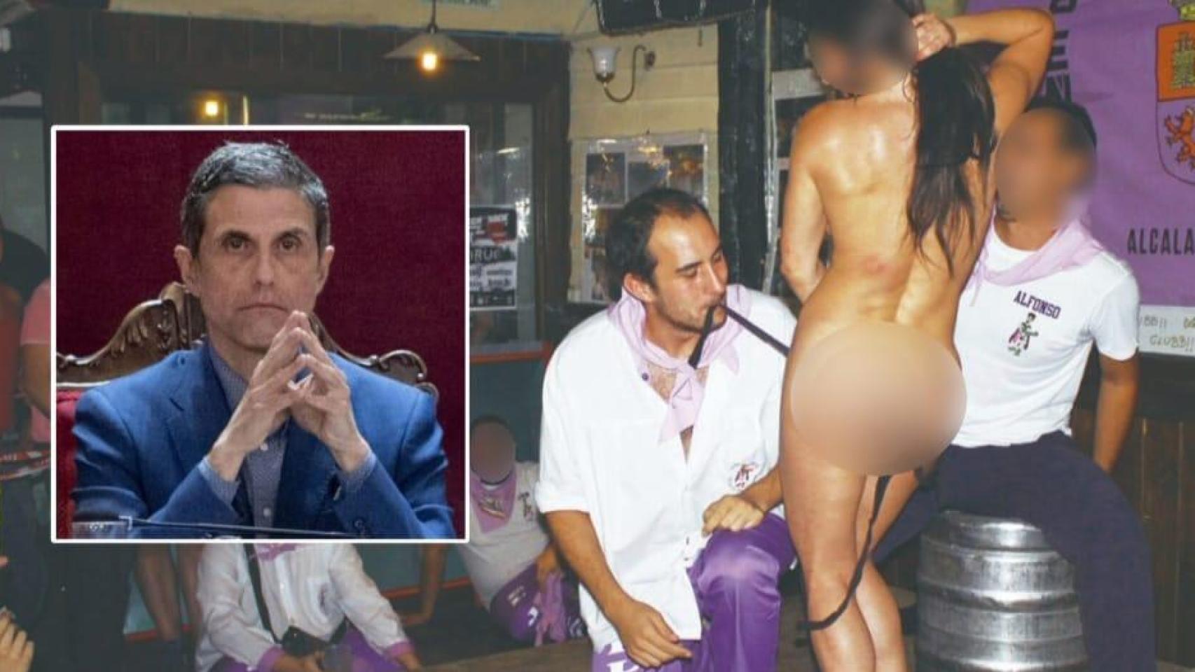 Javier Rodríguez Palacios, exalcalde de Alcalá de Henares y diputado en el Congreso, junto a la fotografía de 2014 difundida durante las Ferias de Alcalá en la que aparece Enrique Nogués en una actividad festiva de peña.