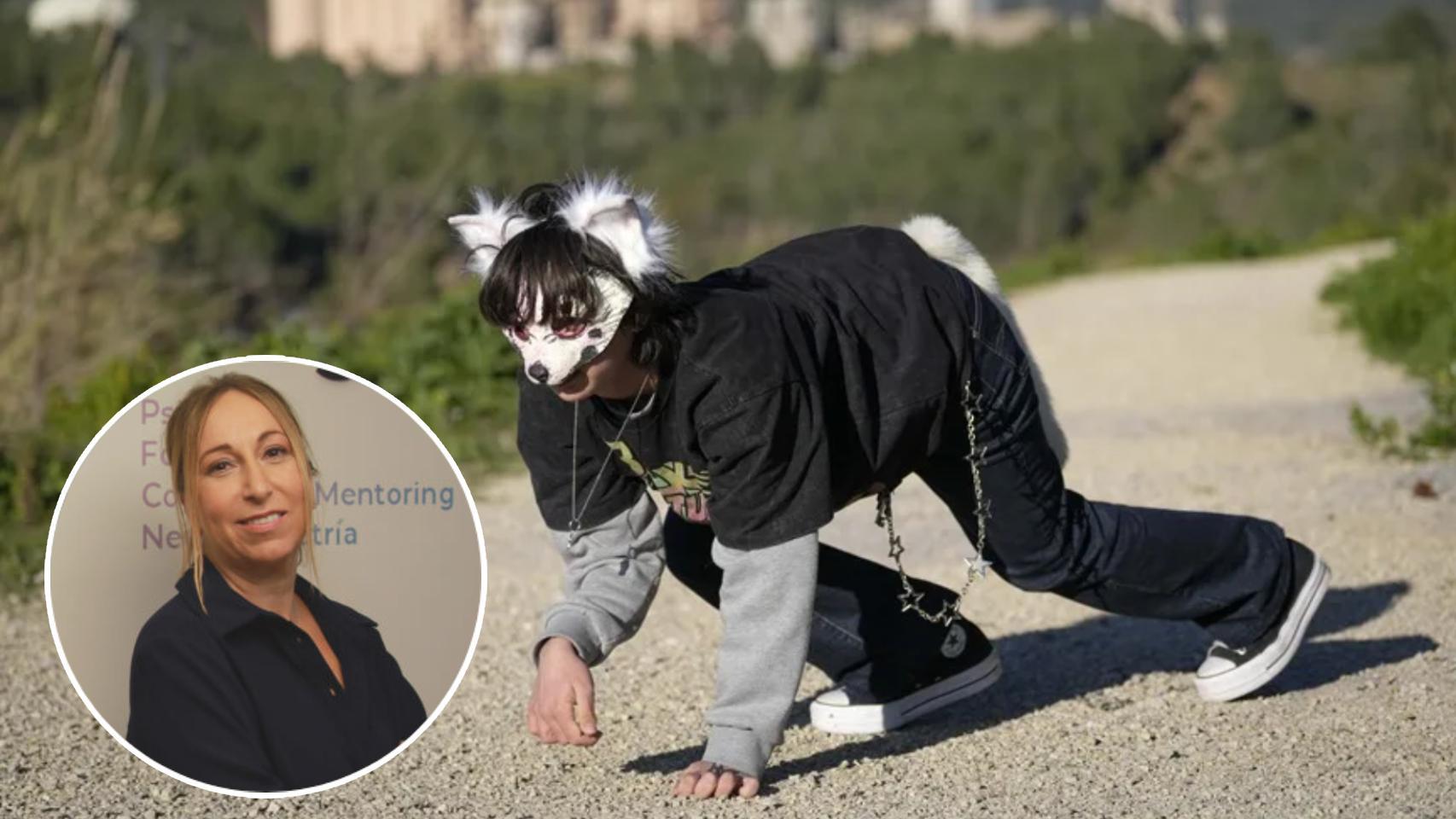 La psicóloga María Padilla junto con un joven que se identifica con un lobo gris albino.
