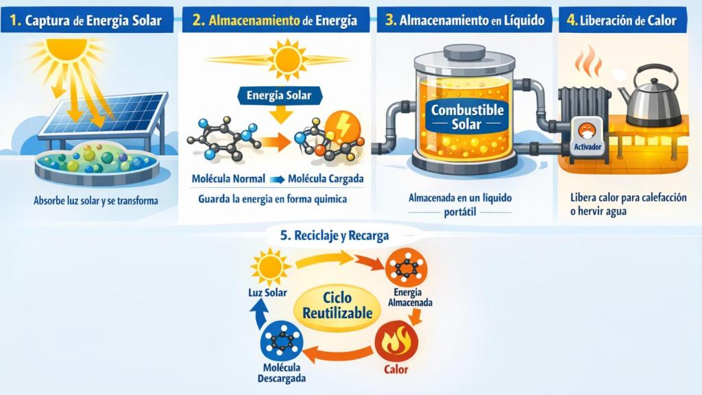 Diagrama que explica el funcionamiento de las baterías solares líquidas.