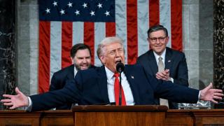 US President Donald Trump gestures during the State of the Union address.