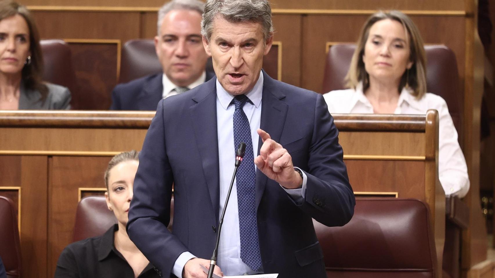 El presidente del Partido Popular, Alberto Núñez Feijóo, se dirige a Pedro Sánchez en la sesión de control del Congreso.
