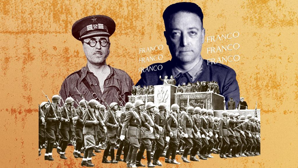 Izquierda: coronel Casado, jefe del Ejército de la República en Madrid. Derecha: Coronel Ungría, jefe de los servicios secretos del Ejército de Franco. abajo: Desfile de la Victoria en mayo de 1939, presidido por Franco. Diseño: Rubén Vique.