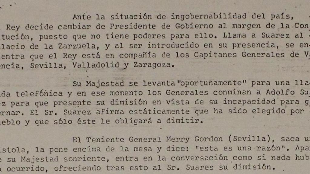 Uno de los documentos que asegura que el Rey fuerza, junto con los militares, la dimisión de Suarez.
