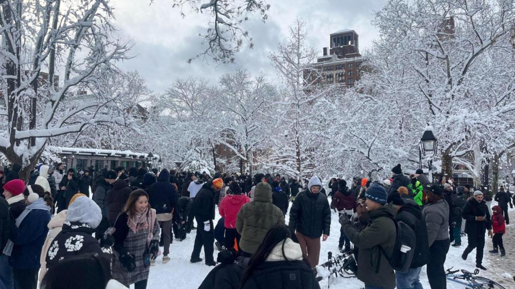 Cientos de personas participan en una batalla con bolas de nieve este lunes, en el Washington Square Park en Nueva York.