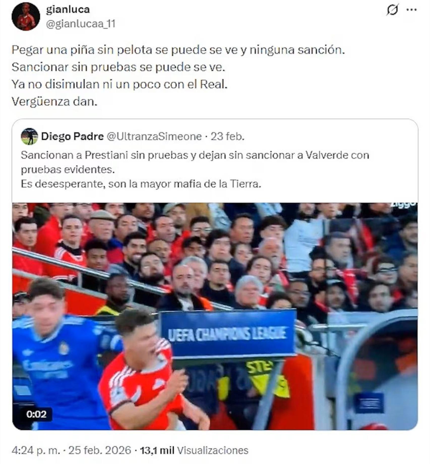 El mensaje de Prestianni en redes sociales que después borró.