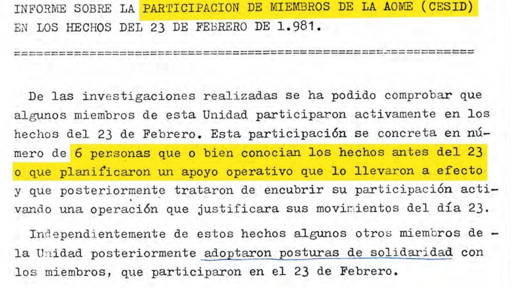 Documento desclasificado por el Ministerio de Defensa que muestra que 6 miembros del CESID participaron activamente en el 23-F y lo intentaron encubrir.